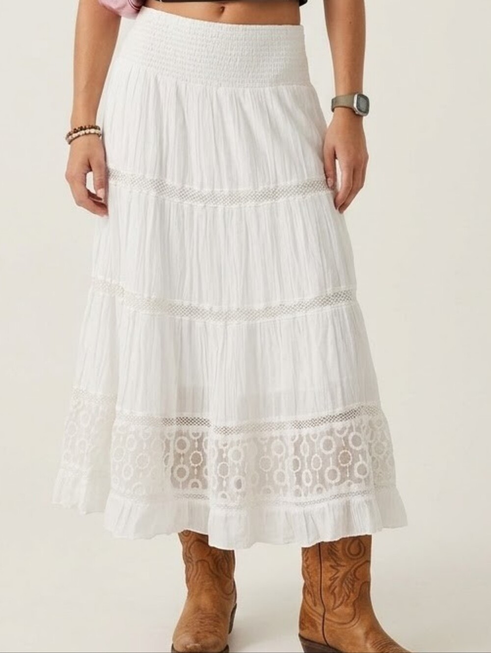 Creation White Tiered Boho Maxi Skirt - Lightweight Crochet Detail